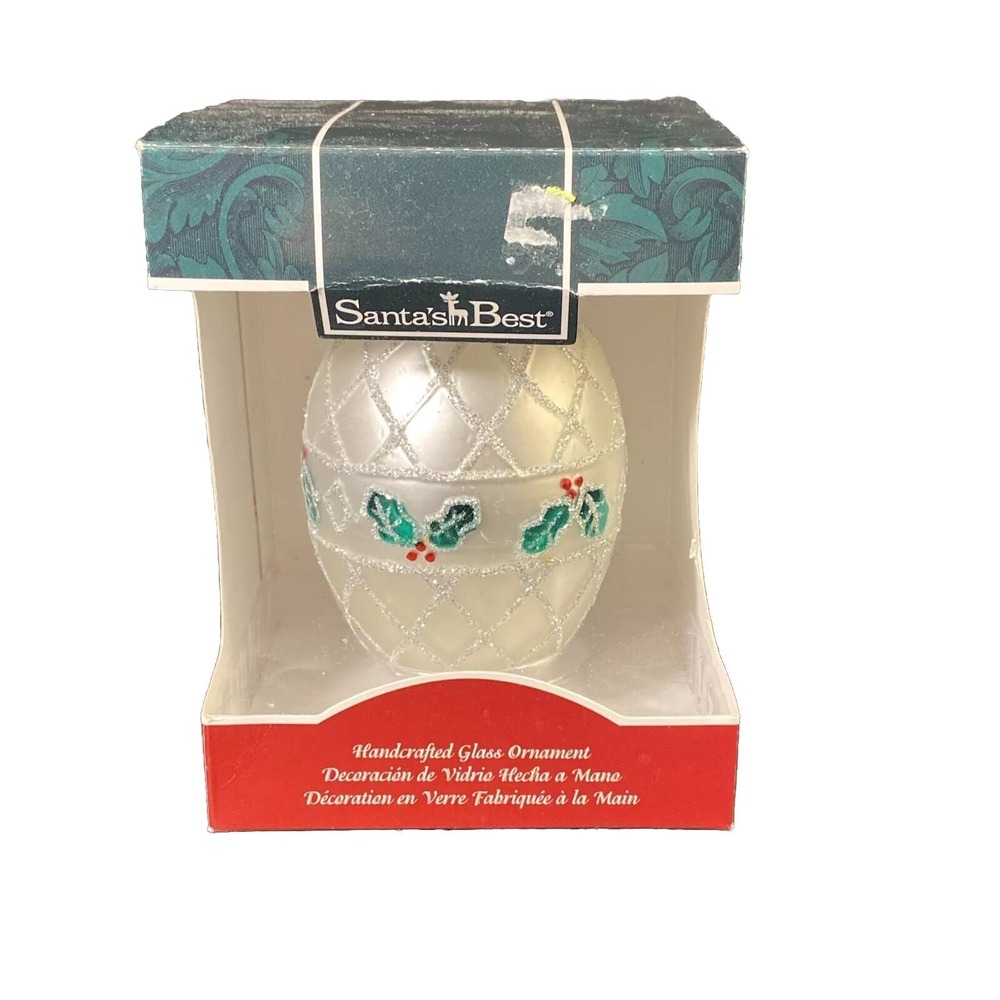 Santa's Best Ornament Christmas Egg Silver Holly Decorative Blown Glass